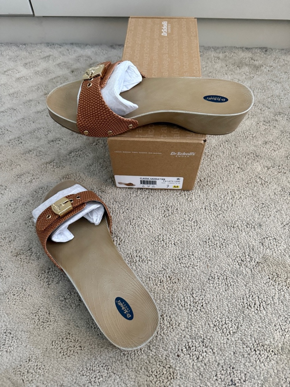 Dr. Scholl's Tan Textured Wedge Slide Sandals with Gold Buckle